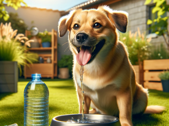 dog drinking water from a bowl in a sunny backyard