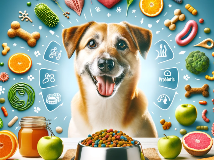 dog surrounded by symbols of good digestion and wellness